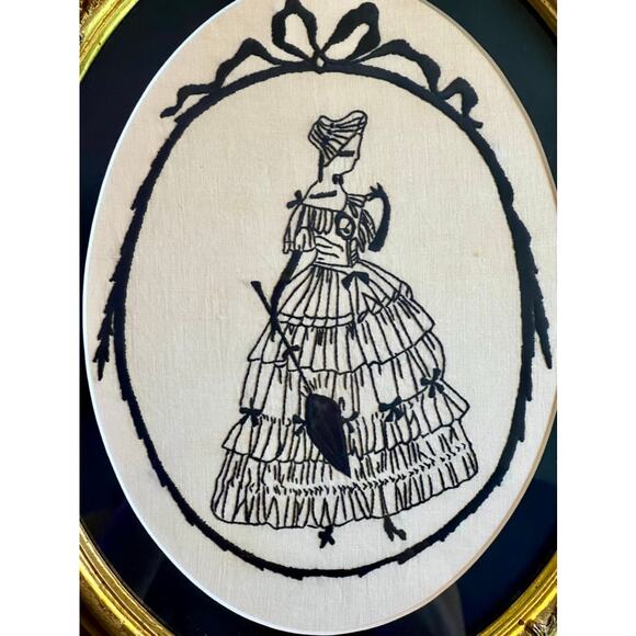 Vintage Needlepoint Silhouette Pair-Oval Gold Frame-Wall Art-Embroidery-Portrait - Picture 2 of 7